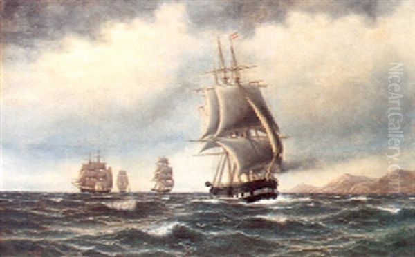 Marine Med Sejskibe Ved Klippekyst Oil Painting by Thorvald Christian Benjamin Moller