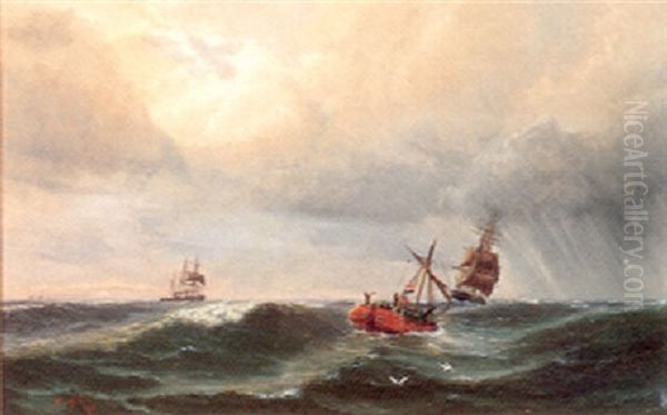 Marine, Sejlskibe Pa Havet Oil Painting by Thorvald Christian Benjamin Moller