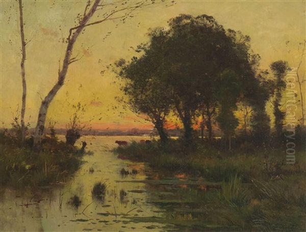 Uferlandschaft Im Abendlicht Oil Painting by Ernest Mollet