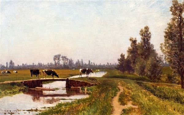 Zomerlandschap Met Koeien Bij Een Brug Oil Painting by Gerrit Alexander Godart Mollinger