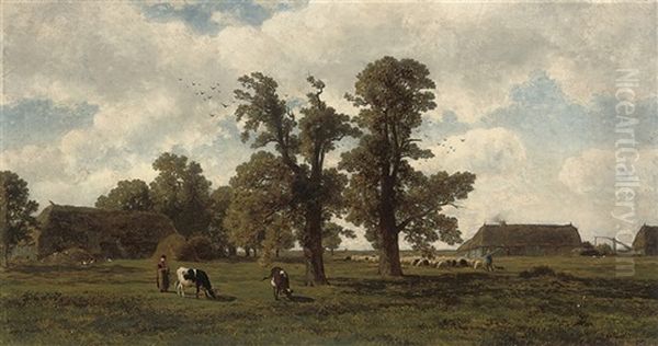 Tending To The Livestock Oil Painting by Gerrit Alexander Godart Mollinger