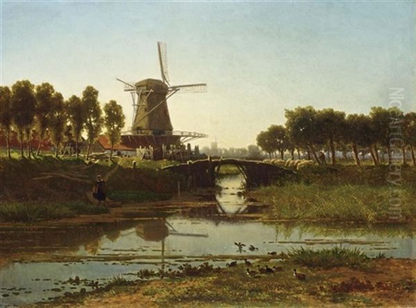 A Windmill In A Summer Landscape by Gerrit Alexander Godart Mollinger