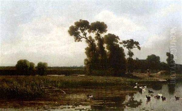 Ducks In A Summer Landscape Oil Painting by Gerrit Alexander Godart Mollinger