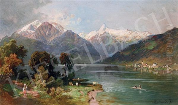 Romantic Ladscape With Snowy Mountains Oil Painting by Jozsef Molnar