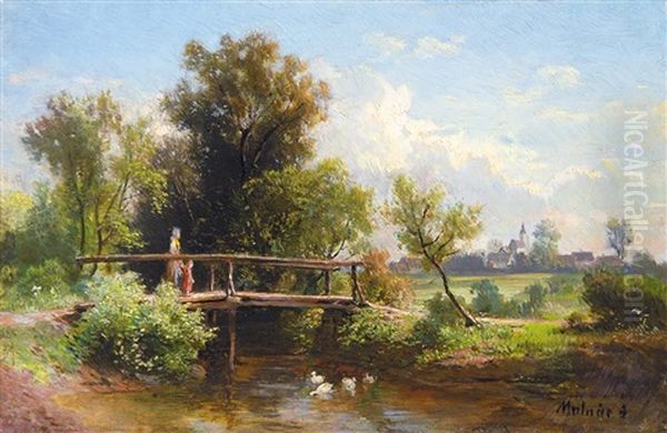 View With Bridge Oil Painting by Jozsef Molnar