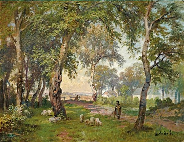 Woods With Flock Of Sheep Oil Painting by Jozsef Molnar