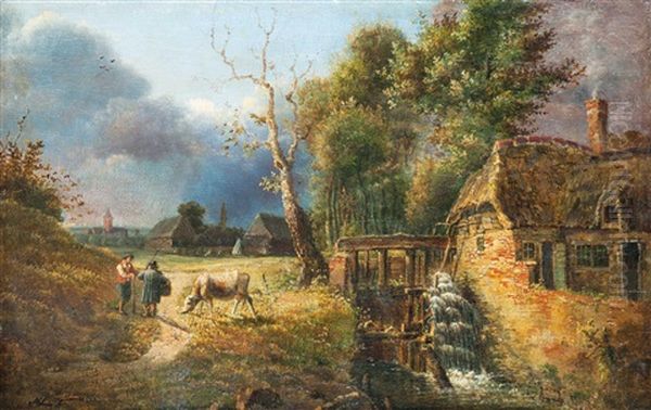 Watermill With Shepherds Oil Painting by Jozsef Molnar