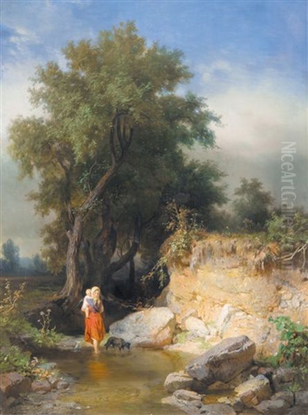 On The Side Of A Stream Oil Painting by Jozsef Molnar