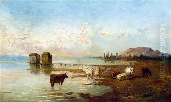 Bath-houses By Lake Balaton Oil Painting by Jozsef Molnar