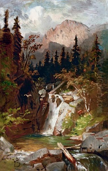 Waterfall In Tatra Mountains Oil Painting by Jozsef Molnar