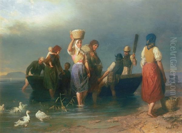 Embarking At The Balaton Oil Painting by Jozsef Molnar