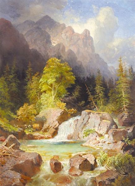 Waterfall Oil Painting by Jozsef Molnar