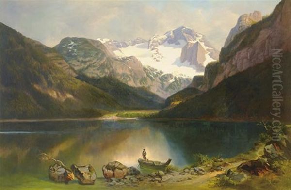 Mountain Landscape With Boatman Oil Painting by Jozsef Molnar