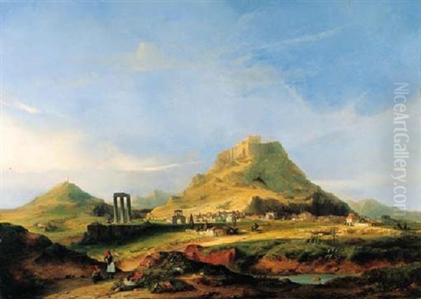 A View Of The Acropolis From The Southeast With The Parthenon, Olympeion And Hadrian's Gate Oil Painting by Florent Mols