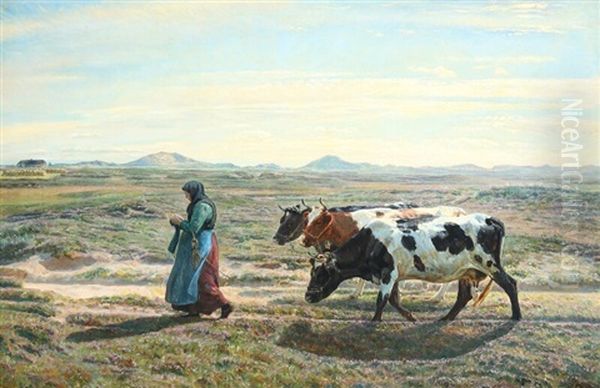 A Heather Landscape A Late Summer's Day With A Peasant Woman And Her Cows Oil Painting by Niels Pedersen Mols