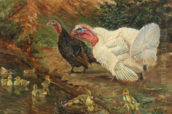 Turkeys And Chickens By The Pond Oil Painting by Niels Pedersen Mols