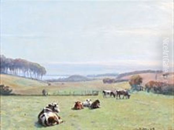 Grazing Cows On A Field Oil Painting by Niels Pedersen Mols