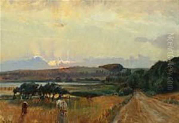 Landscape With Cows In The Field Oil Painting by Niels Pedersen Mols