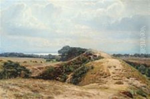 Landscape With View Towards The Sea And Cows Grazing In A Field Oil Painting by Niels Pedersen Mols