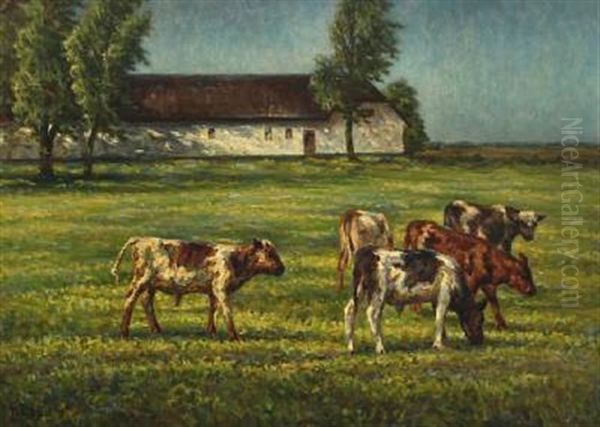 Farm Scenery With Grazing Cattle Oil Painting by Niels Pedersen Mols