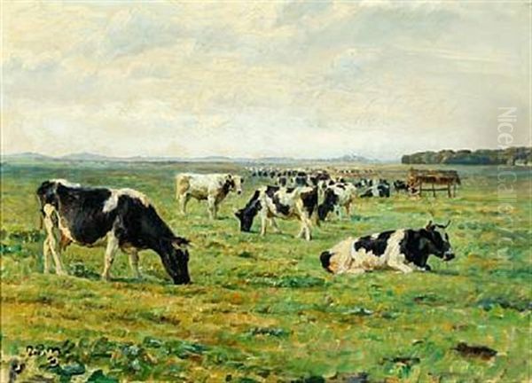 Landscape With Grasing Cows Oil Painting by Niels Pedersen Mols