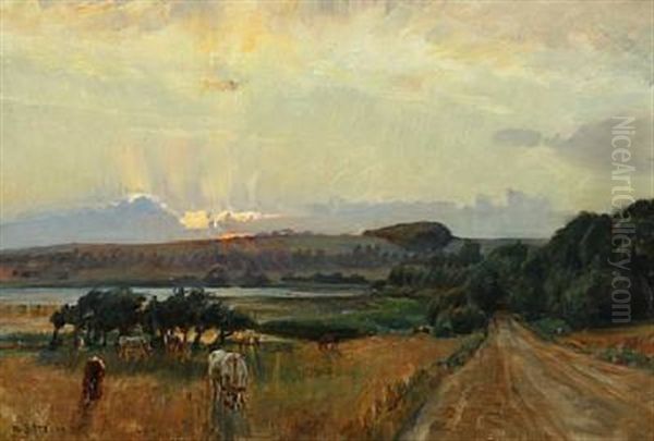 Landscape With Cows In The Field, Presumably Near Skanderborg Oil Painting by Niels Pedersen Mols