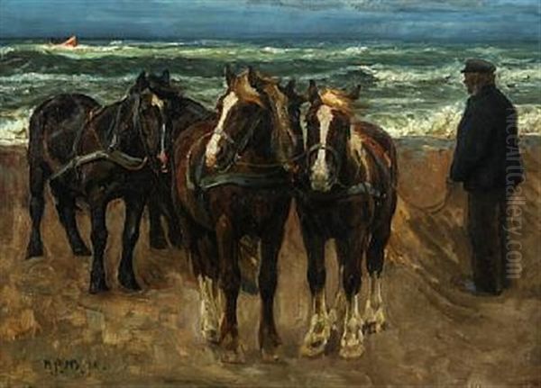 Man With Four Horses Watching A Boat At High Seas Near Skagen Oil Painting by Niels Pedersen Mols