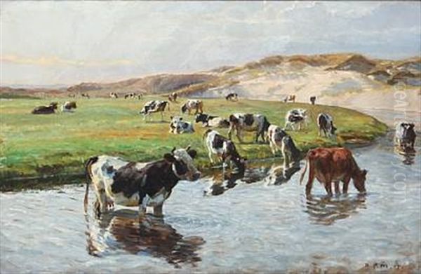 Landscape With Cows At Liver River, Hjorring Oil Painting by Niels Pedersen Mols