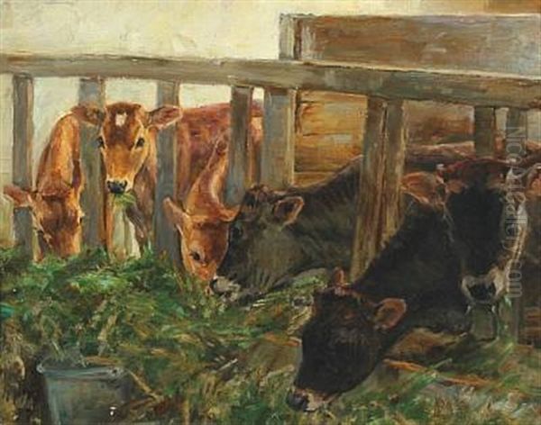 Cowshed With Eating Calves Oil Painting by Niels Pedersen Mols