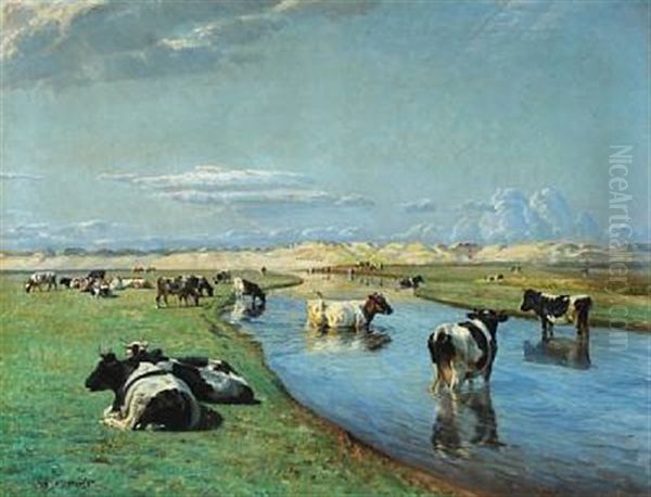 Herd Of Cows At Liver A Oil Painting by Niels Pedersen Mols