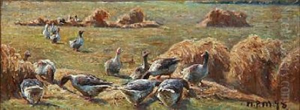 Geese On A Field Oil Painting by Niels Pedersen Mols