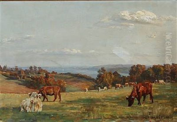 Landscape With Grazing Cows Oil Painting by Niels Pedersen Mols