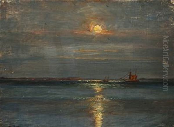 Seascape In With Sailing At Sunset, Hornbaek Oil Painting by Niels Pedersen Mols