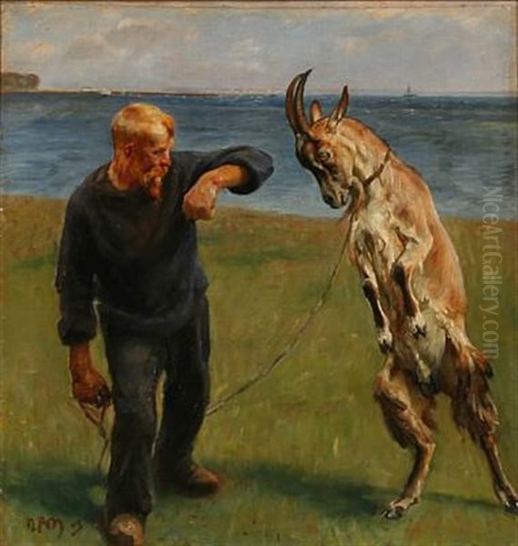 Manden Med Bukken (a Man And A Goat Buck) Oil Painting by Niels Pedersen Mols