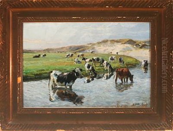 Numerous Cows At The Watering Spot Oil Painting by Niels Pedersen Mols