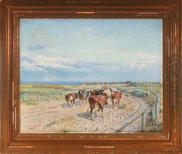 Scenery From Fano With Cows On Their Way To Milking Oil Painting by Niels Pedersen Mols