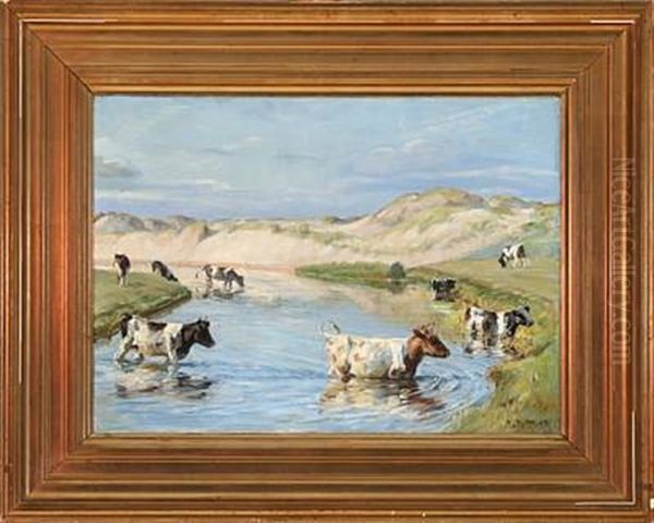 Cows At Liver River Near Hjorring, Denmark Oil Painting by Niels Pedersen Mols