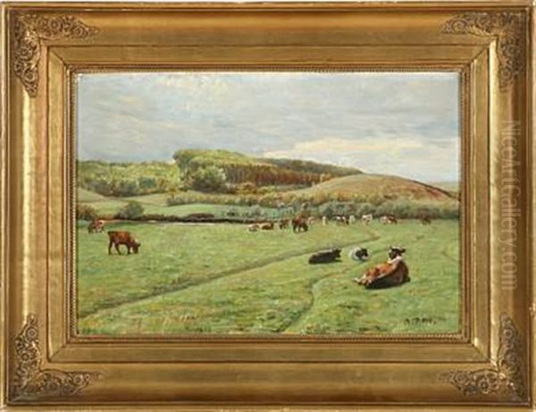 Grazing Cattle At Daugaard Oil Painting by Niels Pedersen Mols