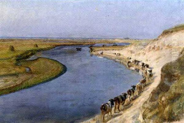 Cows Grazing At Liver Aa, North Jutland Oil Painting by Niels Pedersen Mols