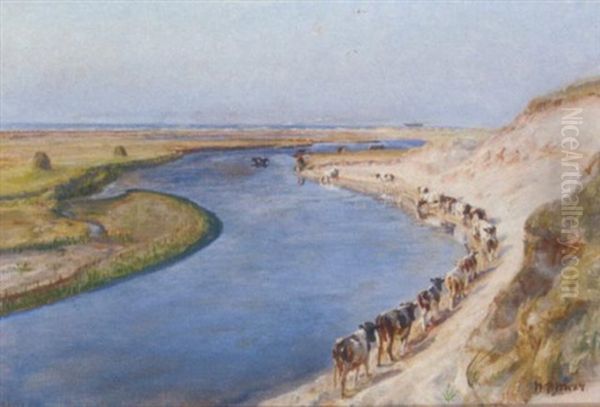 Cows Grazing At The Liver Aa, North Jutland Oil Painting by Niels Pedersen Mols