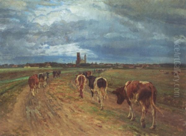 Hjem Fra Malkningen, Parti Fra Ribe Med I Baggrunden Ribe By Oil Painting by Niels Pedersen Mols