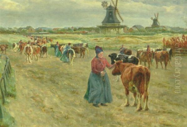 Fanopiger, Der Traekker Koerne Hjem Til Malkning Oil Painting by Niels Pedersen Mols