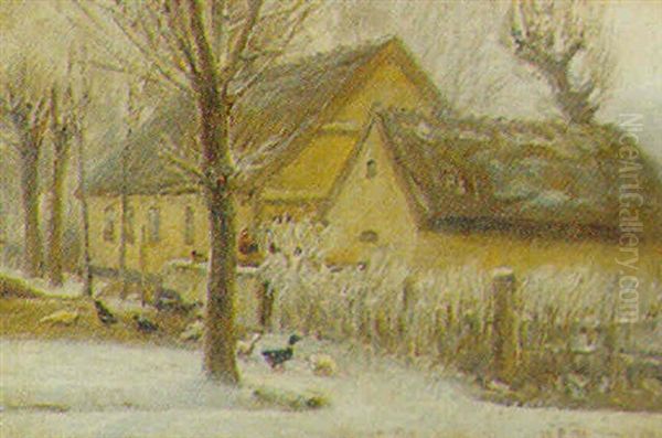 Gardeksterior Med Aender Og Hons, Vinter Oil Painting by Niels Pedersen Mols