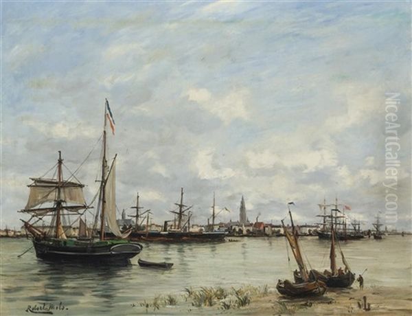 Harbor Scene Oil Painting by Robert Charles Gustave Laurens Mols