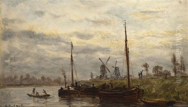 Canal Et Moulins A Vent Pres De Bruges Oil Painting by Robert Charles Gustave Laurens Mols