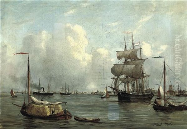 Bustling Activity In A Dutch Harbor Oil Painting by Robert Charles Gustave Laurens Mols