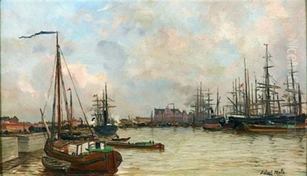 Vue D'un Port Flamand Oil Painting by Robert Charles Gustave Laurens Mols