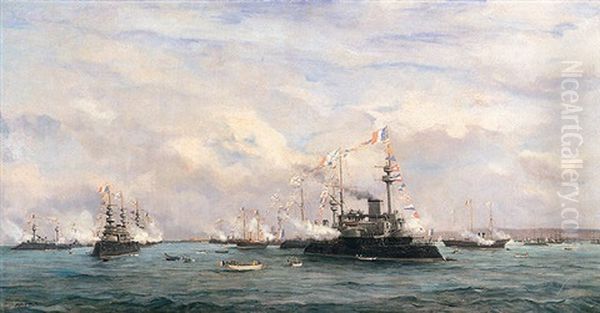 The Russian Fleet Leaving La Rochelle Oil Painting by Robert Charles Gustave Laurens Mols