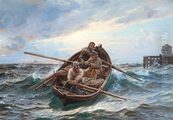 Fishing Boats In Rough Seas Near Dragor Oil Painting by Christian Ferdinand Andreas Molsted