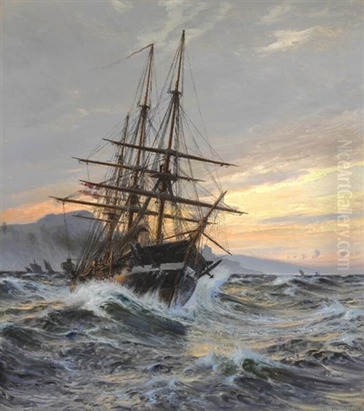 The Frigate Jutland Off Plymouth Oil Painting by Christian Ferdinand Andreas Molsted